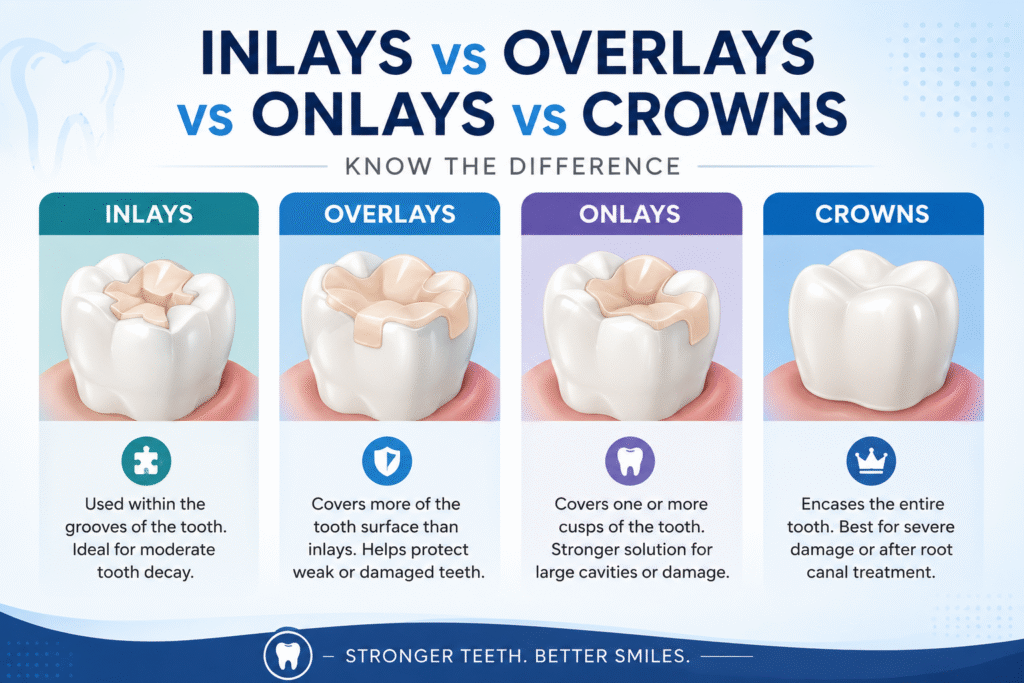 Inlays Vs Overlays vs onlays Vs Crowns: What’s the difference?