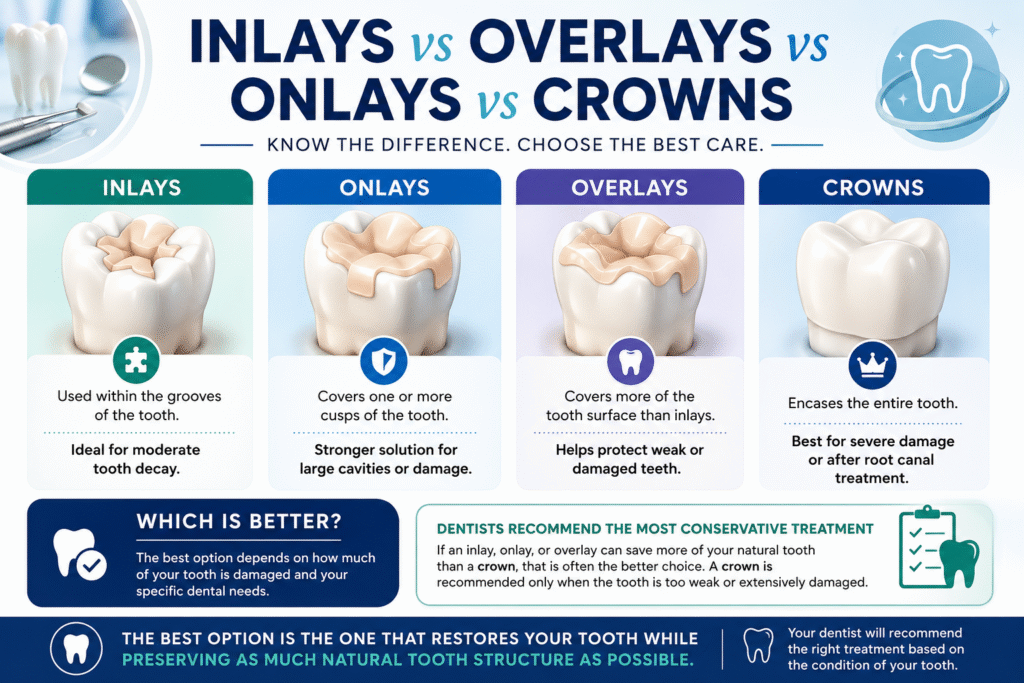 Inlays vs overlays vs onlyas vs crowns : which is better option ?